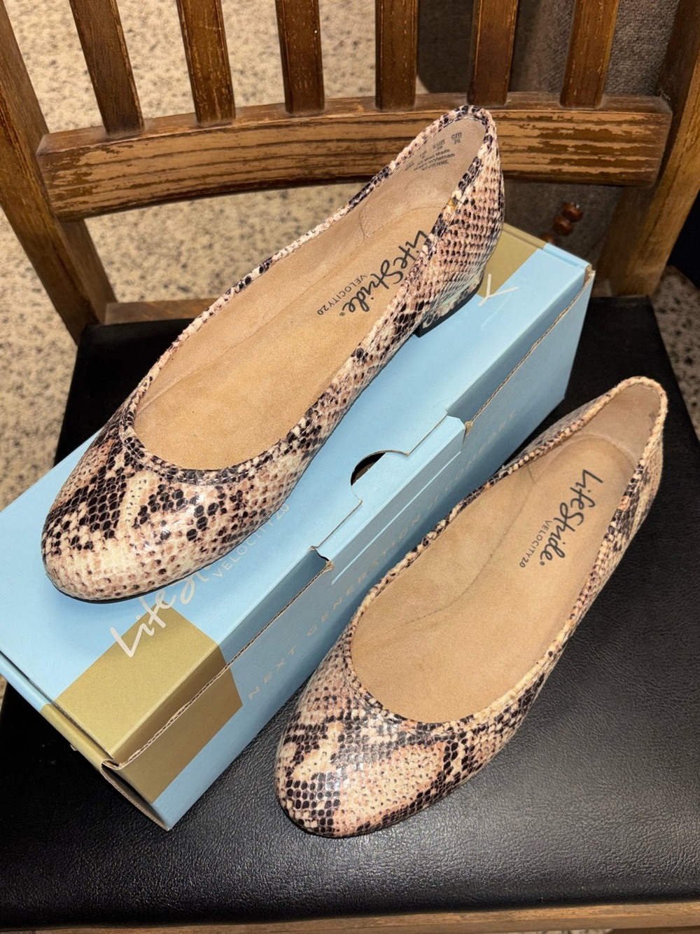 Life Stride Beige Snake-Print Ballet Flats